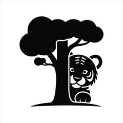 Cute Tiger Peeking From Behind a Tree in a Black and White Illustration