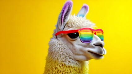 Funny llama wearing rainbow sunglasses a colorful and playful animal portrait for pride-themed designs and humorous content on yellow background