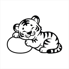Adorable sleeping tiger cub illustration, a cute and peaceful monochrome graphic design