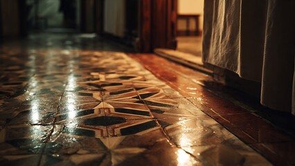 Textured surface of a polished antique tile floor in a historic building's hallway, with warm light creating dramatic reflections and shadows