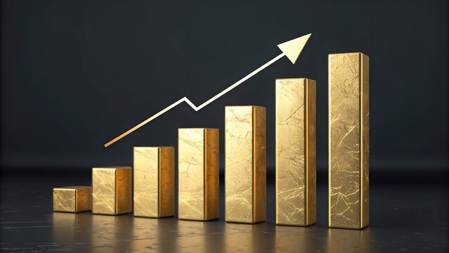 Gold Bar Graph with Upward Arrow – Financial Growth, Conceptual, Abstract, Investment Returns, Business Success, Economic Improvement, 3D Visualization, Dark Background