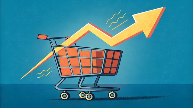 Shopping Cart with Inflation Arrow – Economic Concept, Abstract, Consumer Prices, Market Trends, Financial Growth, Blue Background, Stylized Symbolism, Rising Costs, Business
