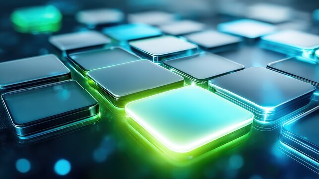 Illuminated digital tiles transforming virtual spaces tech lab visual design futuristic environment close-up view conceptual art