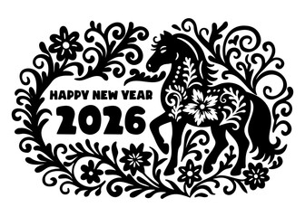 Decorative folk floral New Year composition with ornamental horse, botanical paper-cut frame, elegant swirling branches and 2026 festive cut-out elements for seasonal creative artwork. Vector