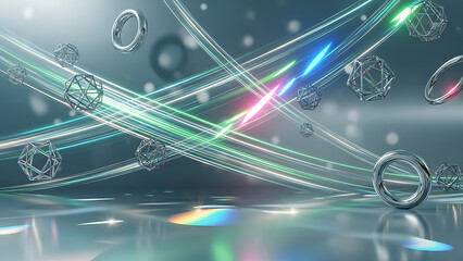 Geometric Reflections: An abstract composition of floating geometric shapes and flowing lines in a futuristic and illuminated environment, exuding a sense of technological advancement and elegance.