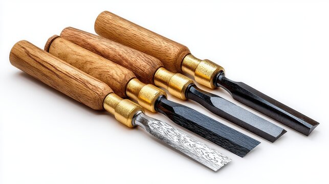 Four woodworking chisels with wooden handles arranged diagonally on a white background