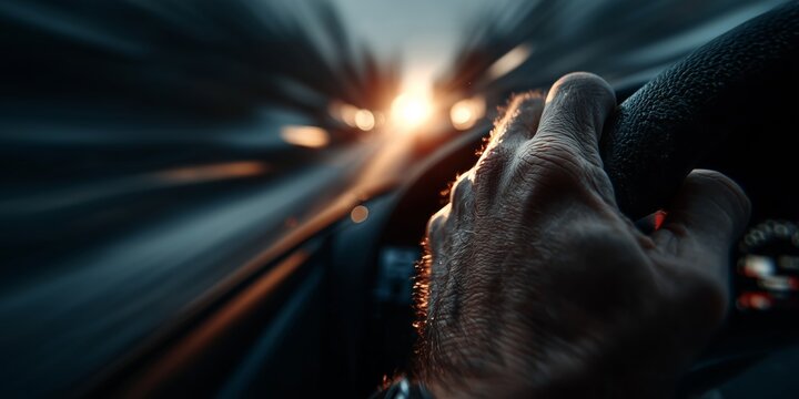A hand grips a steering wheel as streaks of light blur past, capturing the thrill and speed of night driving. The warm glow suggests motion and adventure on an open road.