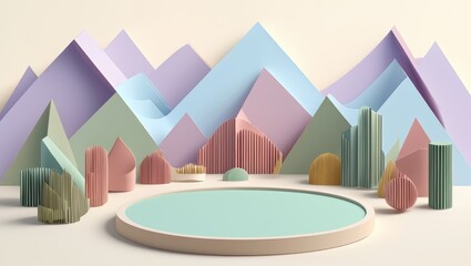 Wide shot of a beige circular podium surrounded by abstract pastel geometric shapes and paper-style mountains under soft studio lighting

