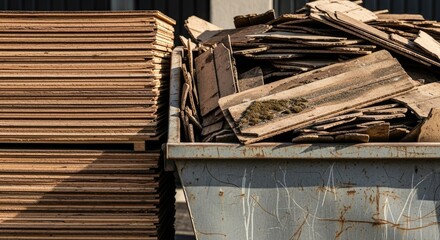 Stacked new wooden planks beside a full demolition skip with old timber waste for recycling