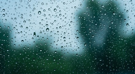 Obraz premium Raindrops on glass with blurred green trees background water
