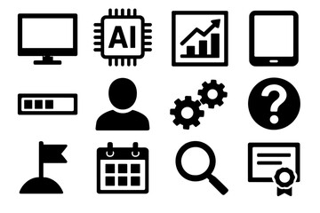 Adaptive Learning Icons. Adaptive learning silhouette icon set: computer screen, AI chip, data chart, tablet, progress bar, student avatar, gears, question mark, certificate
