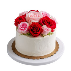 Delicate white celebration cake adorned with vibrant red and soft pink roses