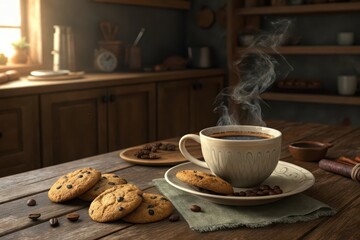 Obraz premium Steaming Cup of Coffee and Cookies on Wooden Table