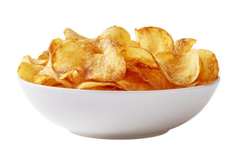 Crispy potato chips in white bowl isolated on a transparent background