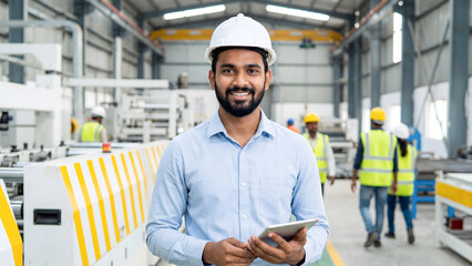 Professional Indian industrial engineer using digital tablet inside modern manufacturing plant