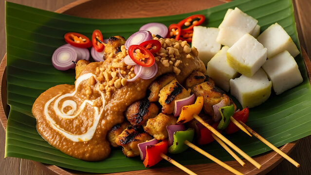 Delicious Chicken Satay with Peanut Sauce and Ketupat Rice Cakes