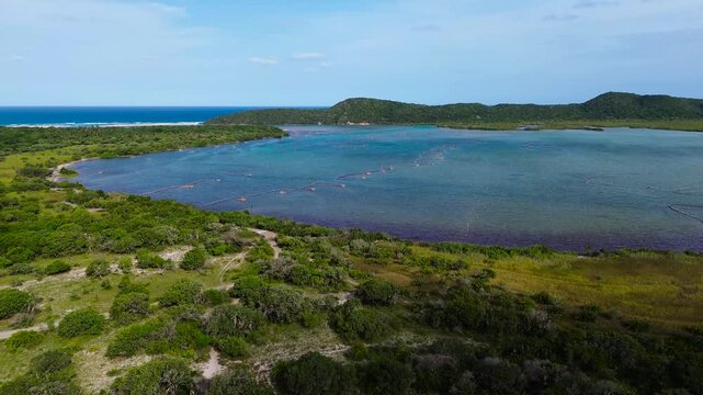Kosi Bay Mount with Traditional Thonga or Tsonga Fish Traps, camera panning up over the river mouth toward the sea. 4K Aerial Video.