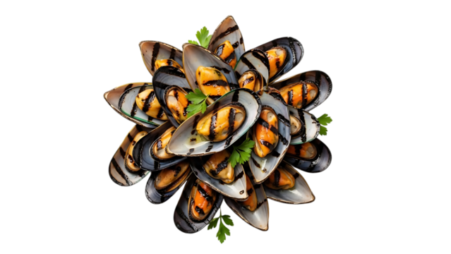 Delicious grilled mussels arrangement with parsley isolated on transparent background for seafood concept