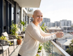 Obraz premium Confident bald woman standing on balcony in city view