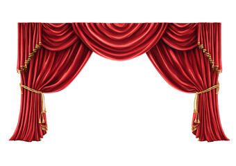 Red Velvet Stage Curtains with Gold Trim isolated on a transparent background