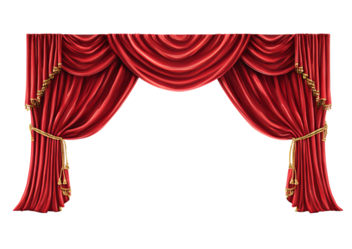 Red Velvet Stage Curtains with Gold Trim isolated on a transparent background - Powered by Adobe