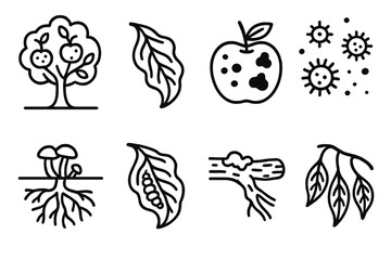 Orchard Disease Icons. Orchard disease concept linear icon set: apple tree infection, leaf curl, spotted fruit, fungal spores, root fungus, insect larvae, moldy branch, drooping