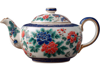 White Teapot Floral Pattern Blue Red isolated on a transparent background