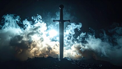 Naklejka premium Sword silhouette with rising smoke and backlit lighting in the dark