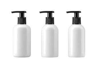 Three white plastic pump bottles isolated on a transparent background