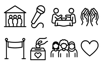 Community Icons Collection. Community Gatherings linear icon set: community hall, microphone, shared meal, helping hands, banner, donation box, diverse group, heart symbol