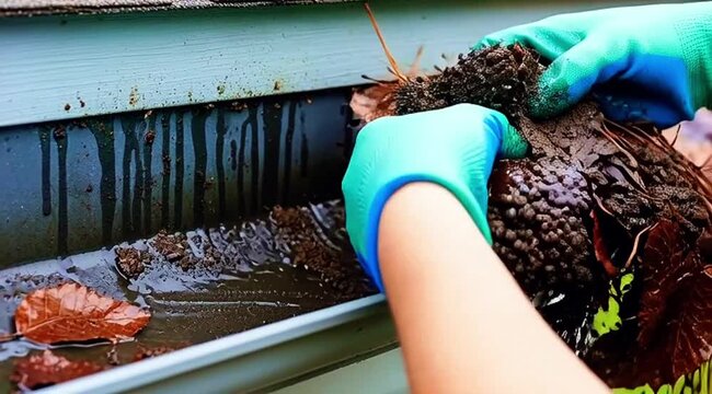 Spring home maintenance cleaning dirty gutters from leaves and pine needles