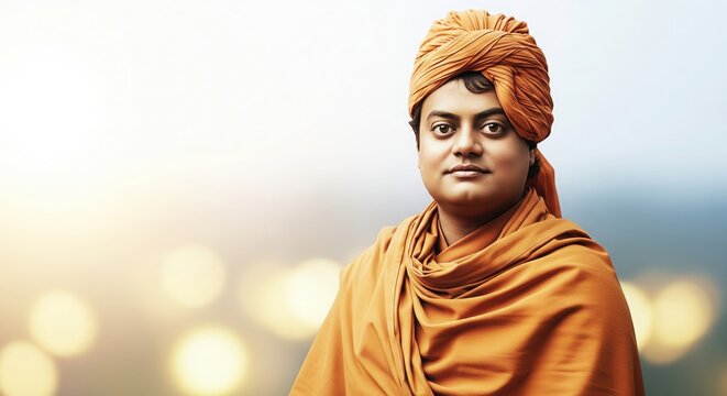 Swami Vivekananda Portrait. Semi-Realistic 3D Warm Cinematic Look.
