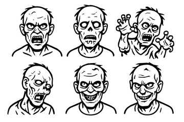 Fototapeta premium Zombie Faces Icons. Zombie Expressions Set linear icon set: snarling face, hollow eyes, drooling mouth, reaching hands, twisted head, eerie grin