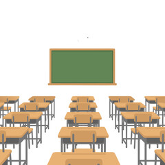 Modern Flat Style Classroom Interior with Rows of Desks Facing a Green Chalkboard and Digital Whiteboard Ready for Learning and Education