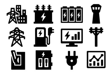 Bold Energy Icons. Energy infrastructure silhouette icon set. power grid, transformer, battery storage, control tower, transmission line, charging station, monitoring screen