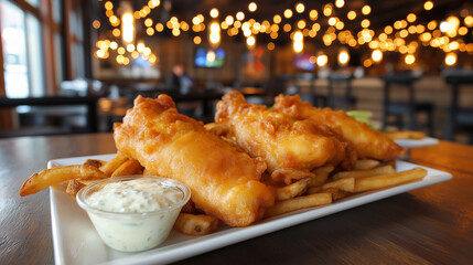 Classic fish and chips with golden battered cod, thick-cut fries, tartar sauce, pub-style wooden table