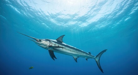 Obraz premium Underwater shot of a spearfish. Sunlight streams through the water