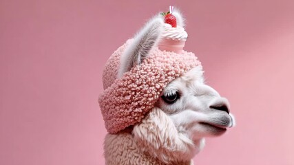 Llama wearing a pink ice cream hat a whimsical animal portrait for childrens books and playful designs