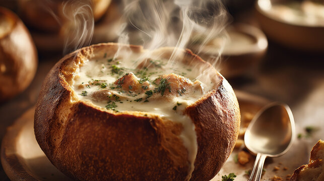 Clam chowder in bread bowl, creamy texture, steam rising