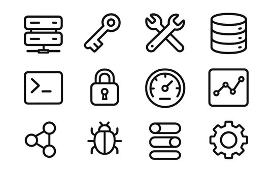 Advanced App Interface Icons. Advanced App Settings UI linear icon set. server icon, API key, developer tools, database symbol, command line, encryption lock, performance meter