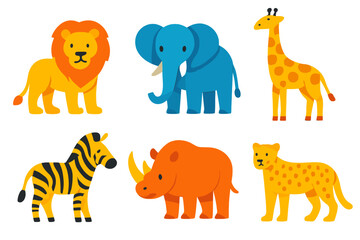 Obraz premium Vibrant Animal Icons. Wild Animals Set flat icon set: lion, elephant, giraffe, zebra, rhino, cheetah