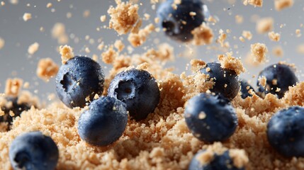 Overhead of dessert crumbs and blueberries, soft composition