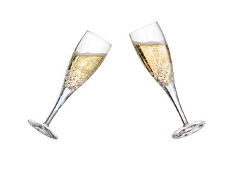 Fototapeta na wymiar Two champagne glasses, flutes, tilted with fizzy wine as a birthday celebration or to celebrate the New Year with different amounts of fizzy bubbles isolated on a transparent background.