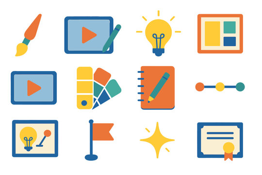 Minimalistic Learning Icons. Creative Self-Paced Learning flat icons set. paintbrush, tablet, lightbulb, moodboard, video play, color palette, sketchbook, timeline bar, idea board