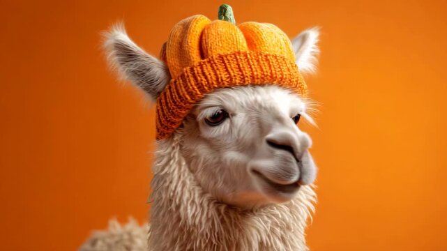Funny llama wearing a pumpkin hat a whimsical animal portrait for Halloween cards and seasonal promotions