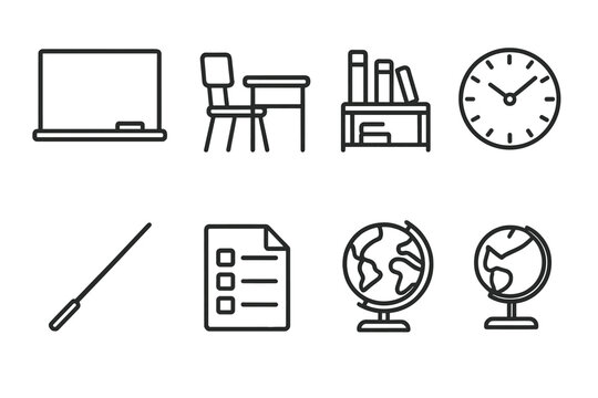 Classroom Essentials Icons. School Classroom linear icon set: chalkboard, desk, chair, globe, bookshelf, clock, pointer stick, worksheet