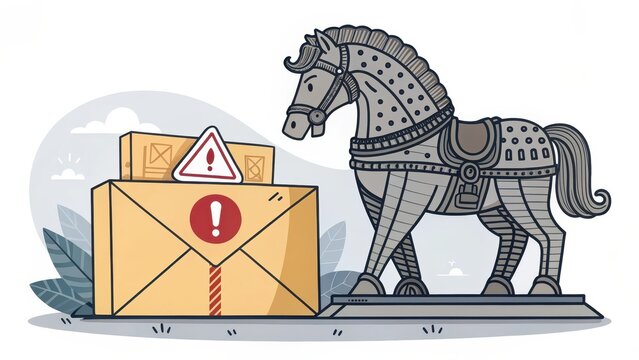 Trojan Horse icon with alert signs delivering potential internet threat
