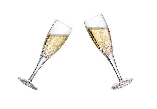 Two champagne glasses, flutes, tilted with fizzy wine as a birthday celebration or to celebrate the New Year with different amounts of fizzy bubbles isolated on a transparent background.