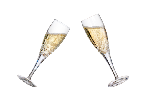 Two champagne glasses, flutes, tilted with fizzy wine as a birthday celebration or to celebrate the New Year with different amounts of fizzy bubbles isolated on a transparent background.