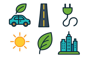 Eco Commute Icons. Eco Commute flat icon set: electric car, leaf, road line, charging plug, sun, city skyline